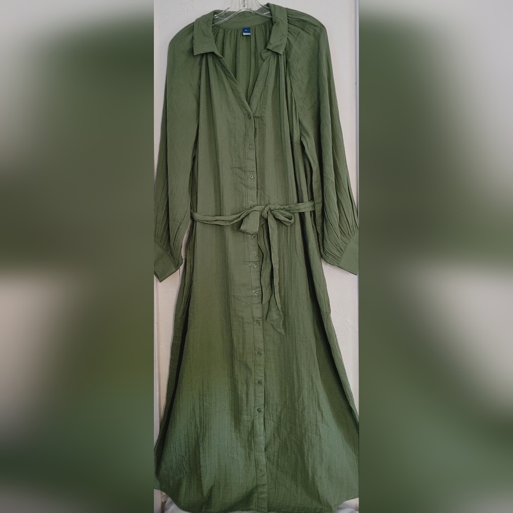 New Old Navy Sage Green Belted Midi Shirt Dress Size XXL Long Sleeve Cotton - Picture 11 of 16
